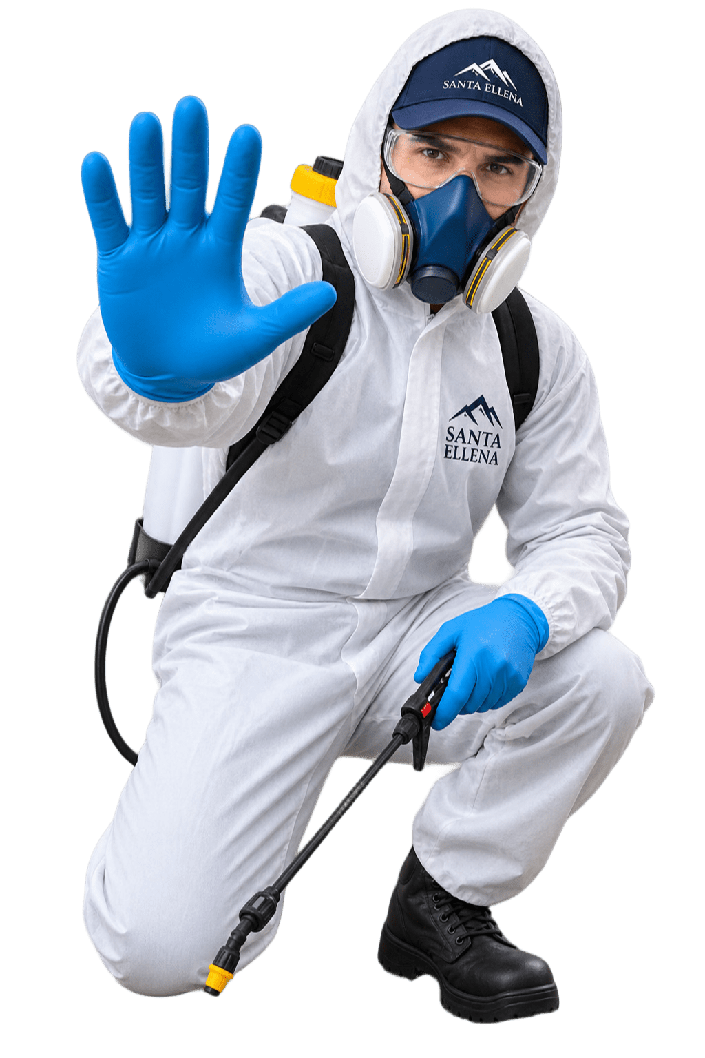 Técnico de FumiDefense con equipo de protección haciendo señal de alto: espera 1 hora y ventila 30 minutos antes de reingresar tras la fumigación