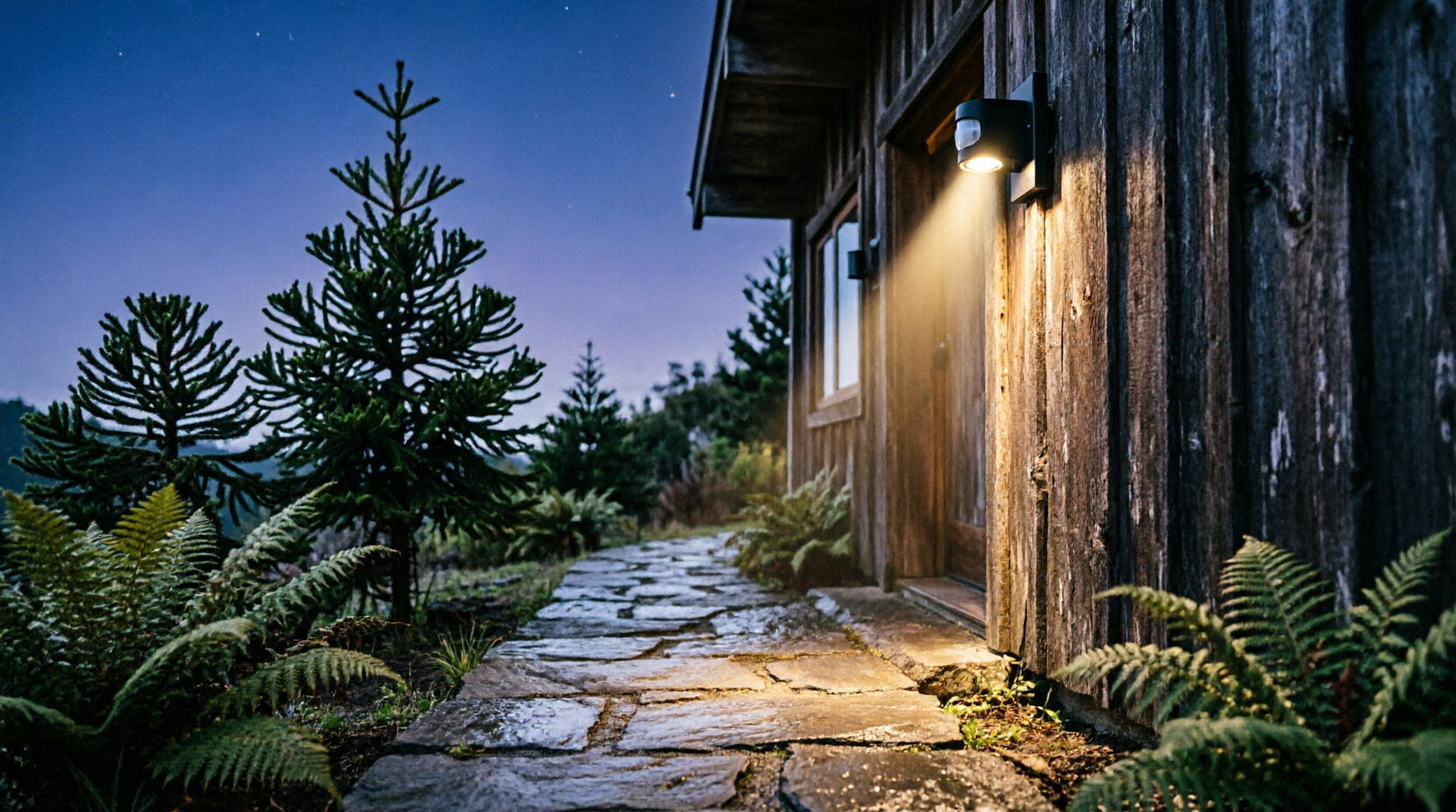 Luz con sensor de movimiento iluminando acceso de cabaña en Villarrica